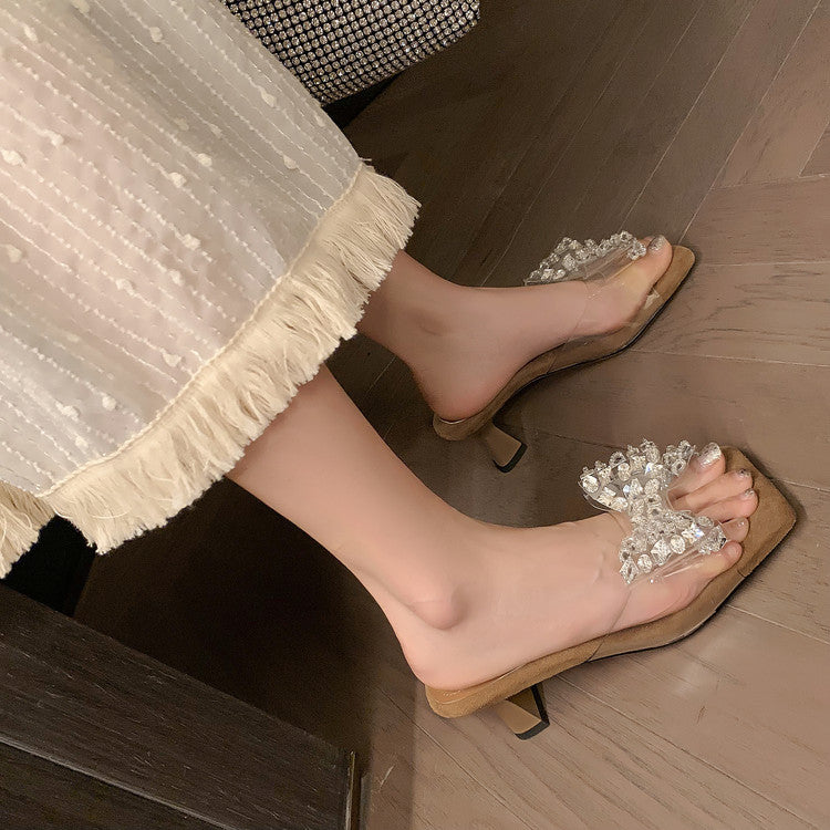 Karin Luna In Stock In Stock Transparent Bow Square Toe Suede Open Toe Sandals