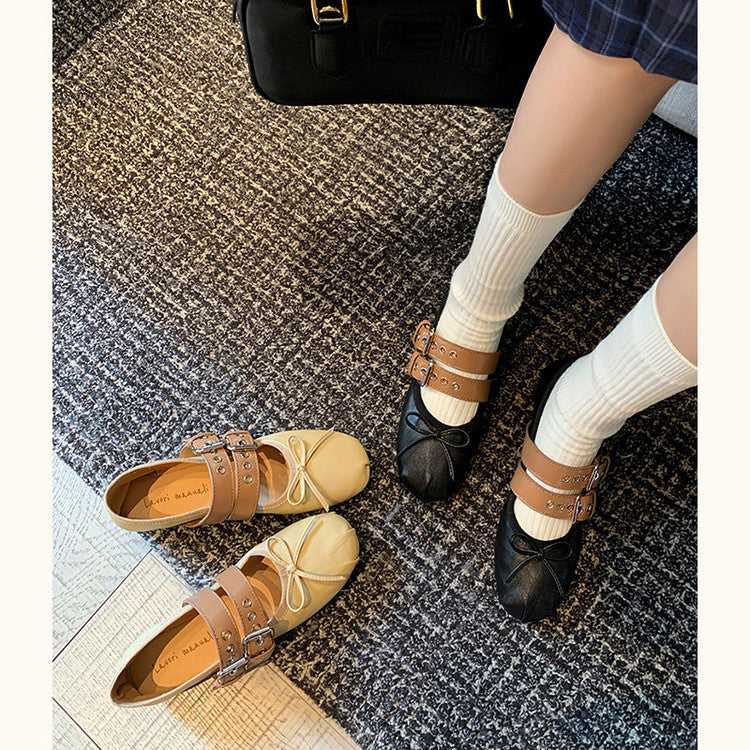 Karin Luna In Stock Spot Goods Minimalist Retro Round Toe Mary Jane Bowknot Height-Increasing Flats