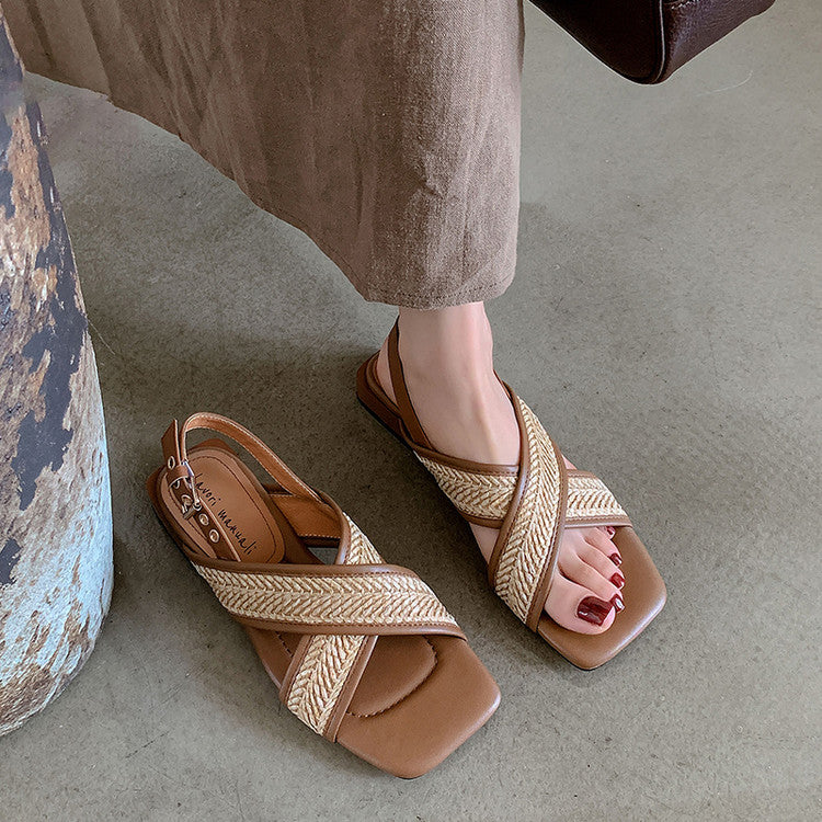 Karin Luna In Stock  Spot Goods Woven Style  Cross-strap Vacation Style Flat Sandals