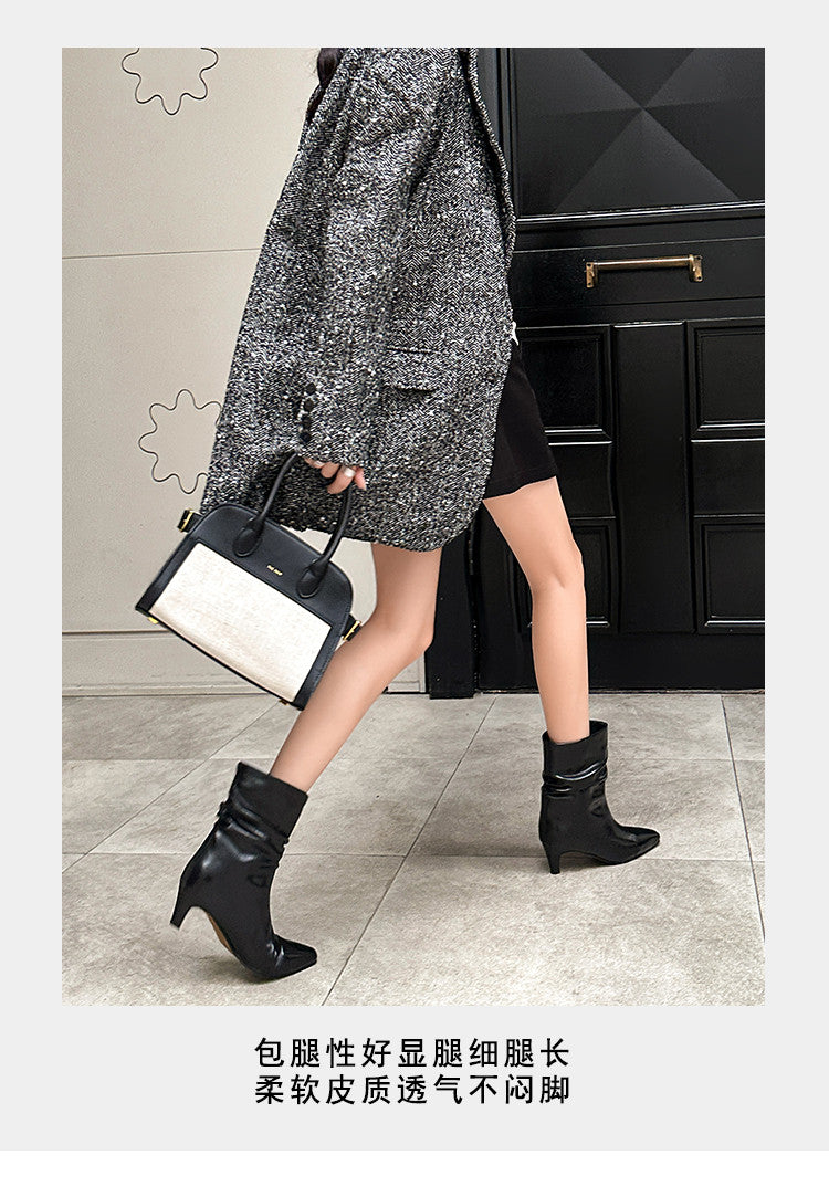 Karin Luna In Stock Spot Goods  Retro Wrinkled Small Square Toe Short Boots