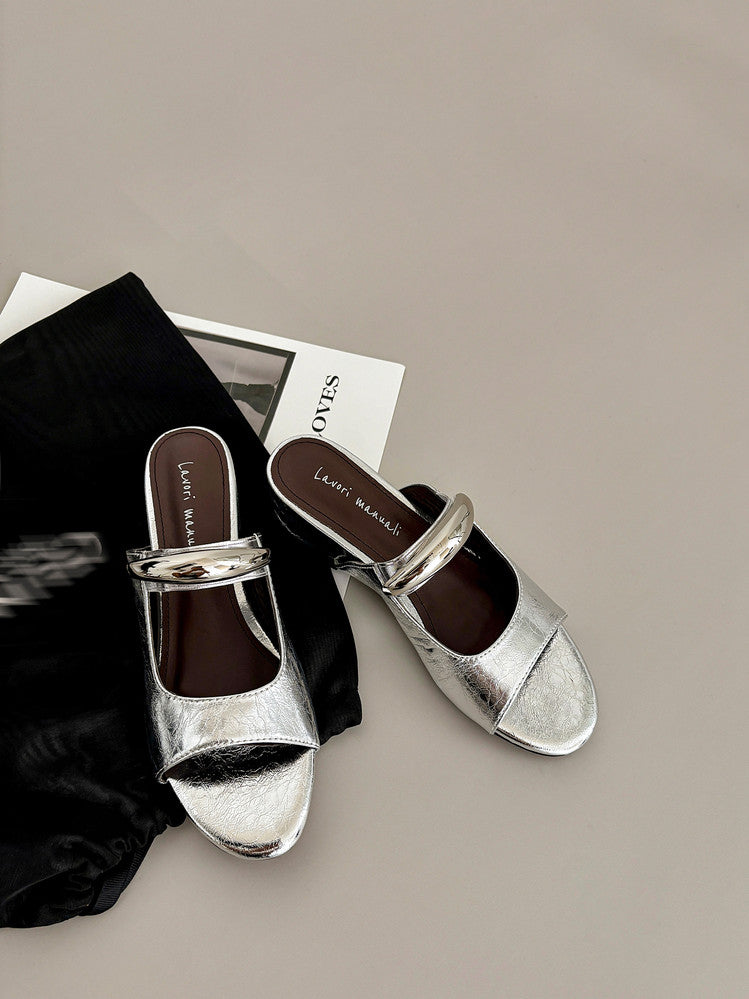 Karin Luna In Stock Spot Goods  Metal Buckle Round Toe Strap Slippers
