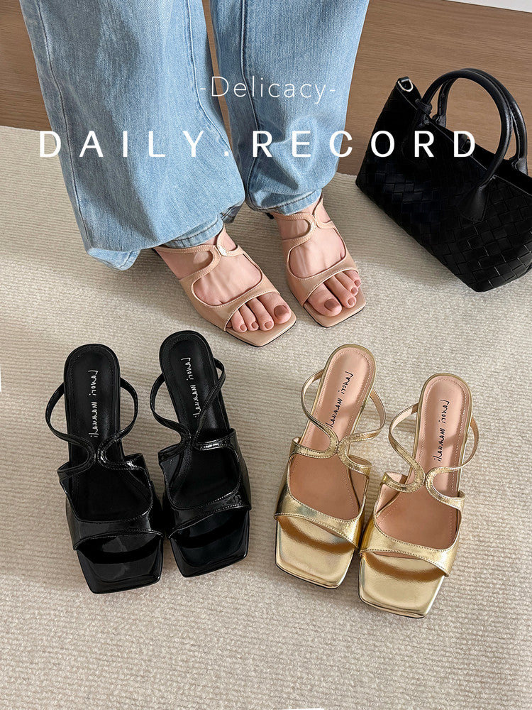 Karin Luna French Retro Square Toe Wrap Strap Open-Toe Slippers