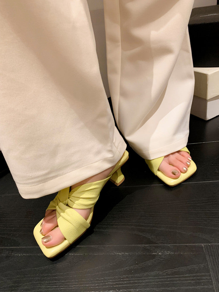 Karin Luna In Stock In Stock  Comfortable Cross Strap  Airy High Heel Square Toe Slippers