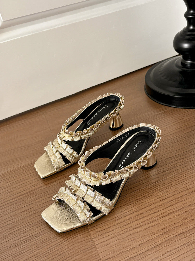 Karin Luna In Stock  Spot Goods  Unique Square-Toe Pleated Lace Sandals