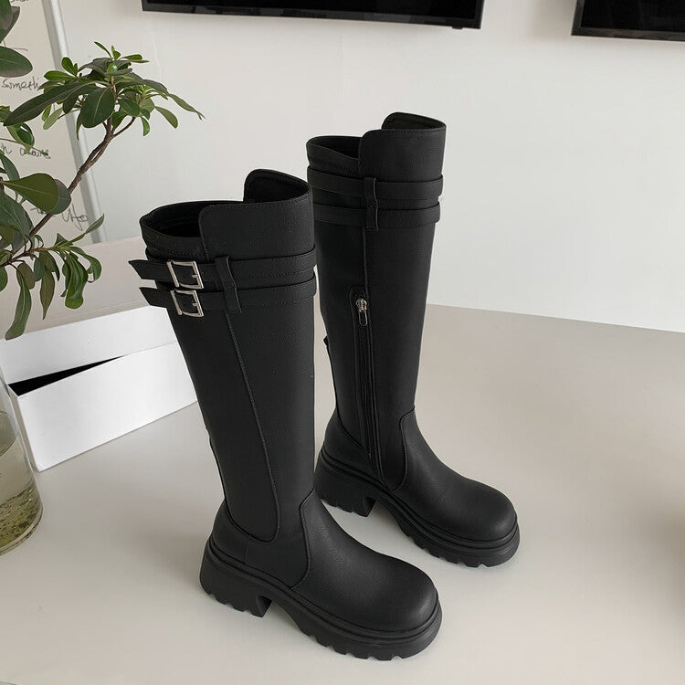 Karin Luna In Stock  Round Toe Thick Sole Casual Belt Buckle Long Boots