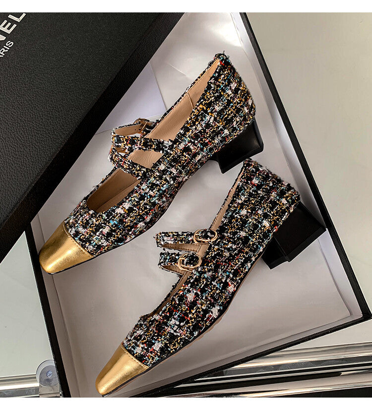 Karin Luna Classic Chanel Style~ Tweed Spring Limit Square Toe Chunky Heel Mary Jane Strap Single Shoes