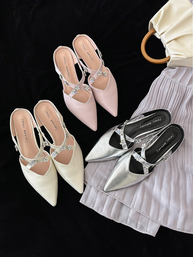 Karin Luna Elegant Pointed Toe Rhinestone Flower High Heel Mules