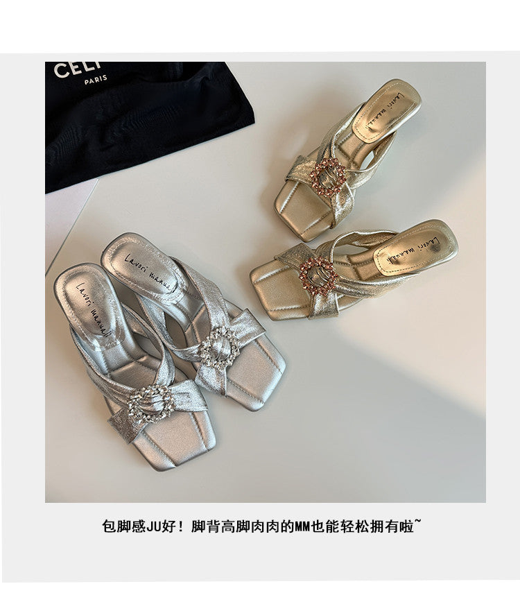 Karin Luna In Stock In Stock Elegant Square-Toe Cross-Strap Rhinestone Square-Toe Slippers