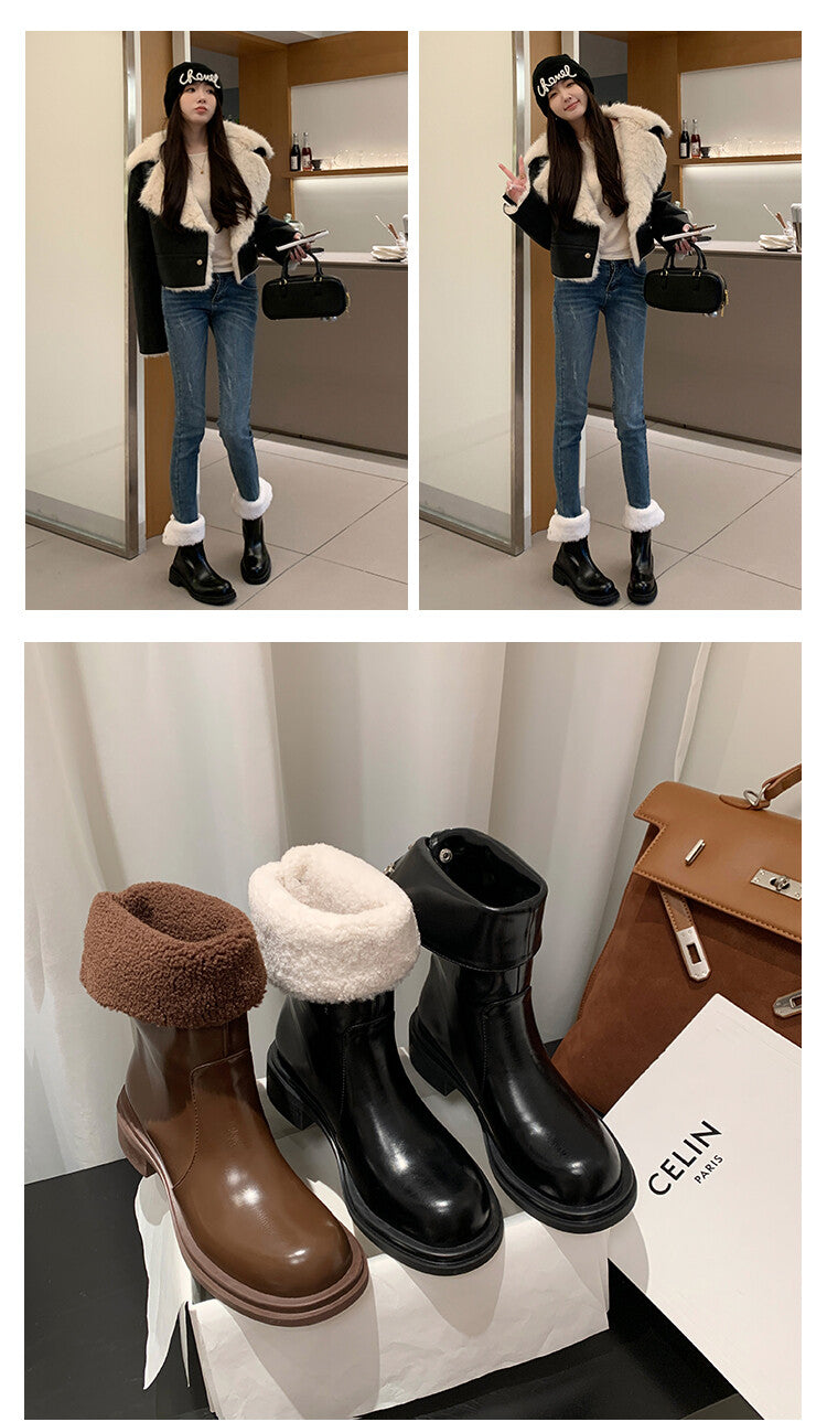 Karin Luna Classic Basic Style   Convertible Foldable Hidden Buckle Snow Fur Shoes Full cowhide Basic Flat Short Boots
