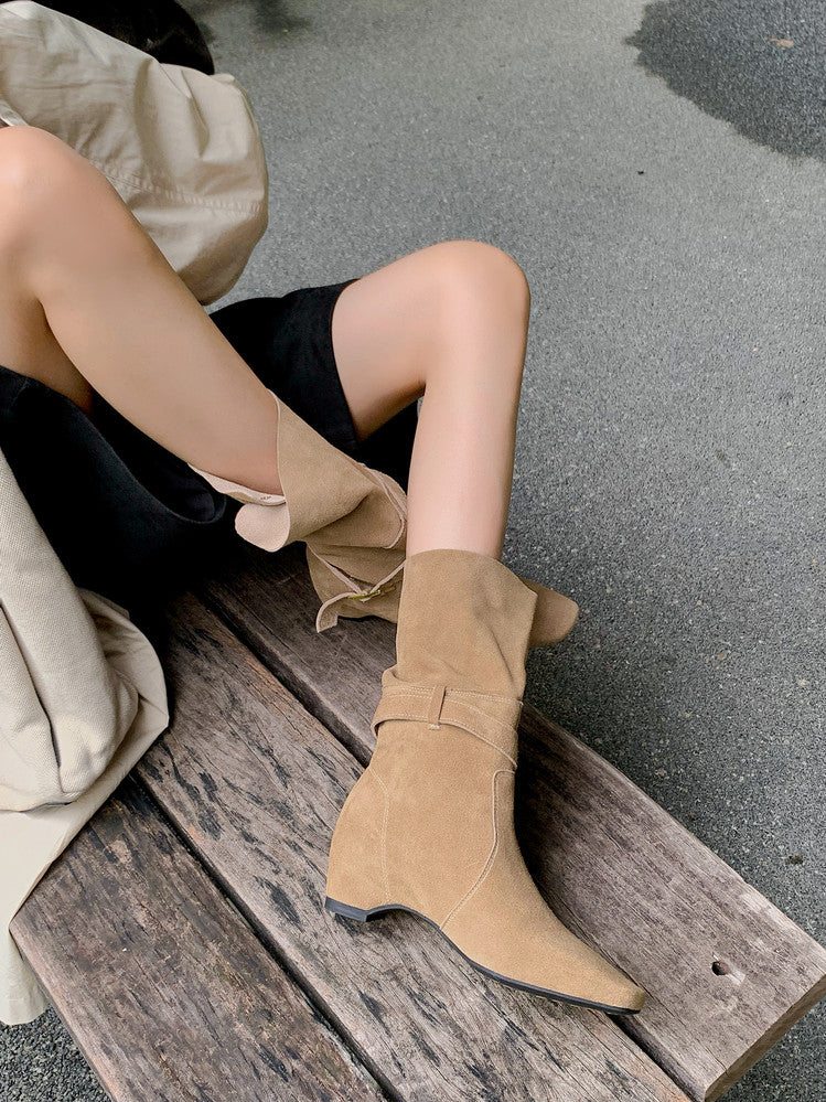 Karin Luna Foldable Belt Buckle Square Toe Hidden Wedge Short Boots