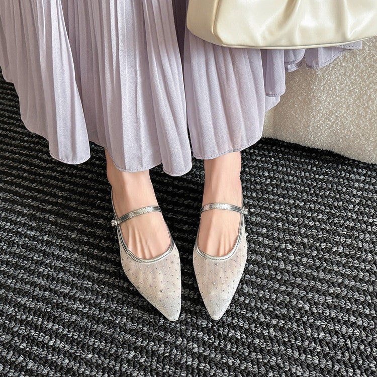 Karin Luna In Stock Spot Goods  Breathable Mesh Fabric Embellished Hand Drill Pointed Toe Slippers