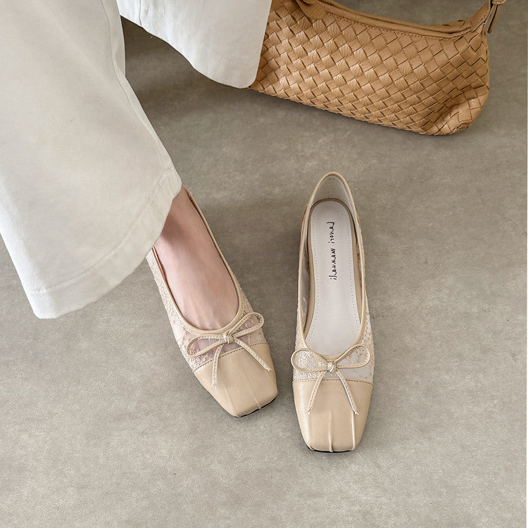 Karin Luna In Stock In Stock  Wrinkled Square Toe Patchwork Breathable Mesh Bow Granny Shoes