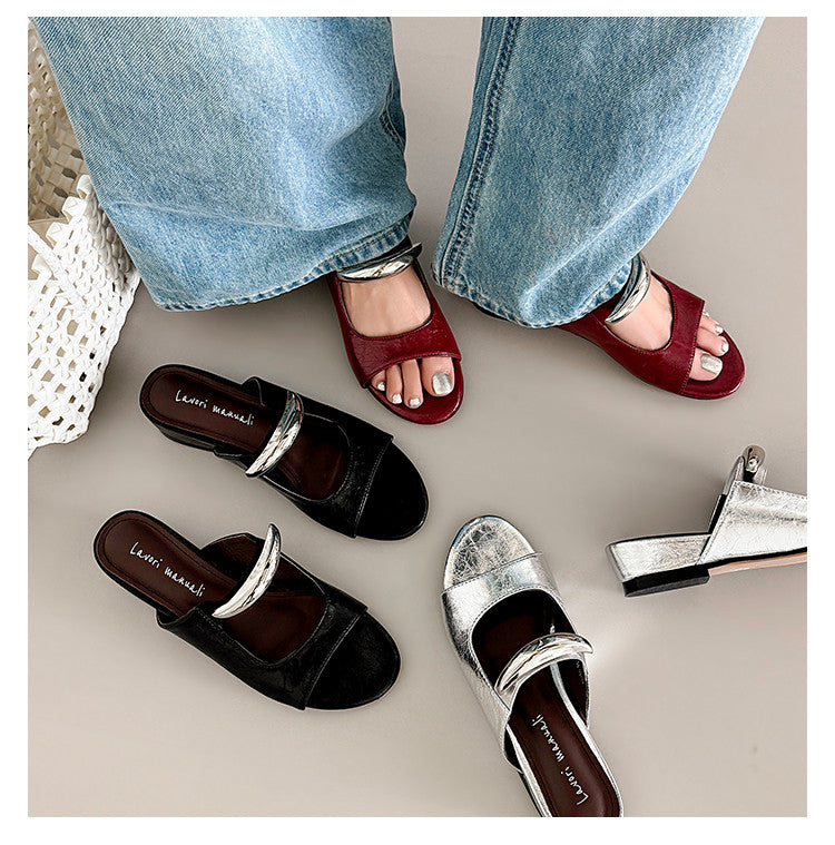 Karin Luna In Stock Spot Goods  Metal Buckle Round Toe Strap Slippers