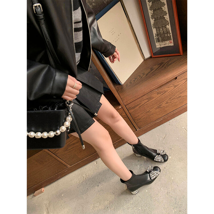 Karin Luna In Stock   Rhinestone Bow Thick Heel Slim Boots