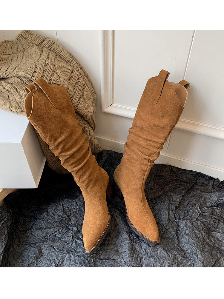 Karin Luna Elegant Style  Pointed Toe Wrinkled Wide Western Boots
