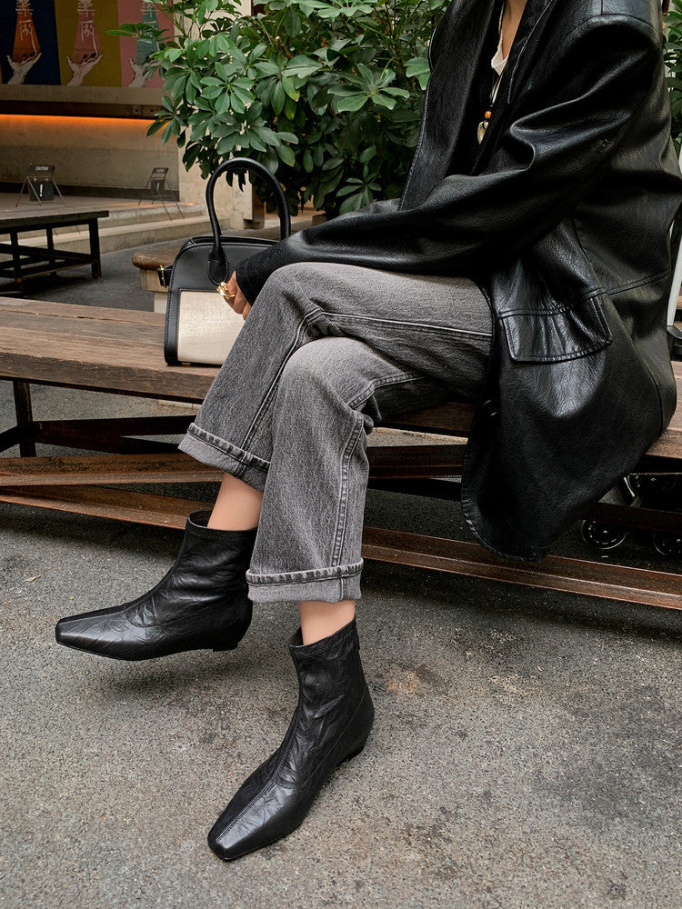 Karin Luna In Stock Spot Goods Slim Series  Hidden Wedge Small Square Toe Back Zipper Short Boots