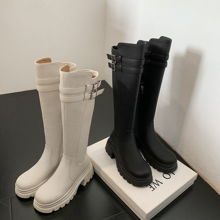 Karin Luna In Stock Best-selling in stock   Super Soft Sheepskin  Round Toe Thick Sole Vintage Belt Buckle Long Boots