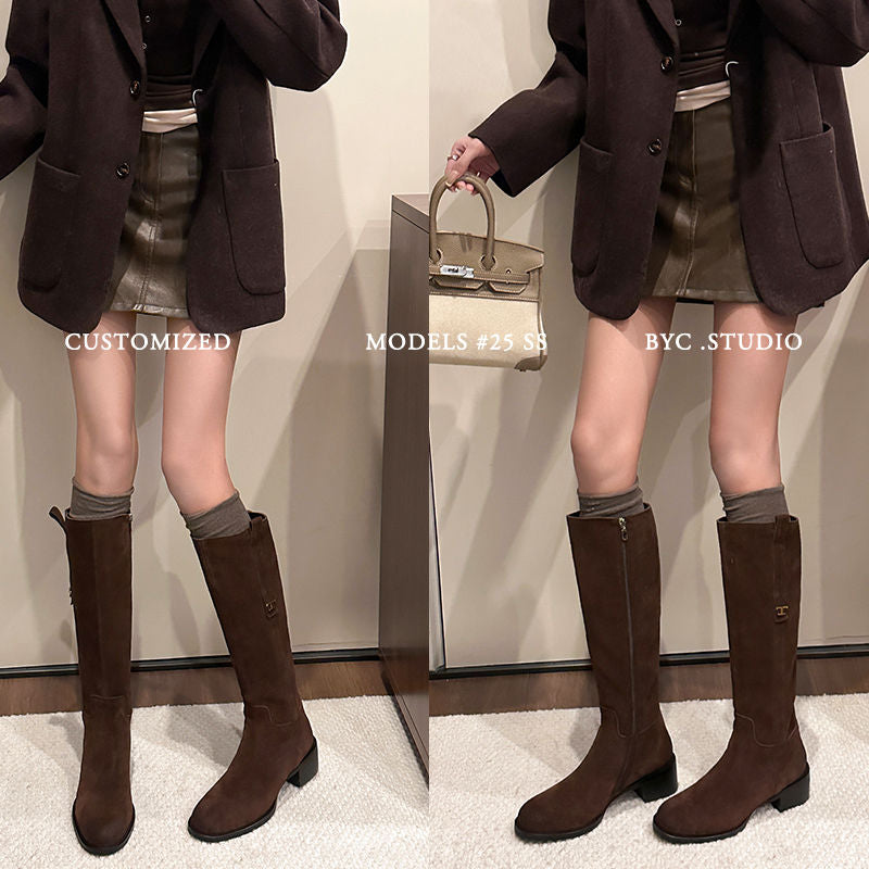 Karin Luna In Stock Spot Goods Basic Retro Square Toe Chunky Heel Riding Boots