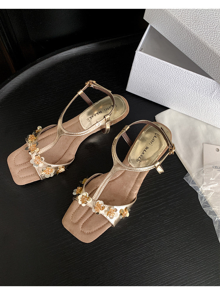 Karin Luna Hot-Selling Sequin Floral Series ~  Square Toe Irregular Heel Square Toe Sandals