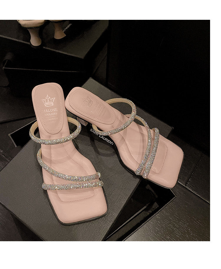 Karin Luna In Stock Spot Goods  Minimalist Versatile Square Toe Rhinestone Strap Open-Toe Sandals