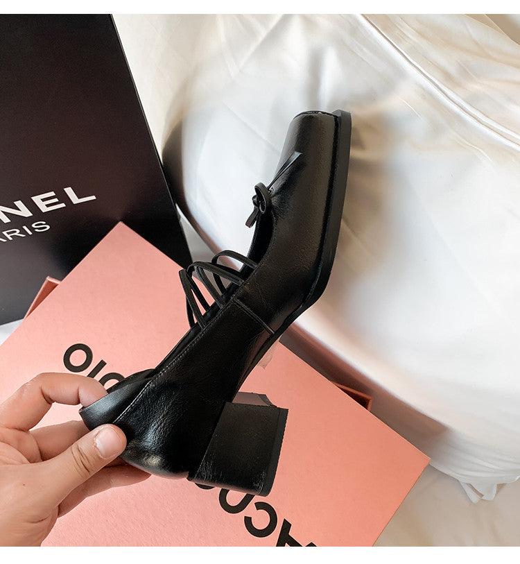 Karin Luna In Stock Spot Goods  Popular Self-flowing Bowknot Square Toe Chunky Heel Single Shoes