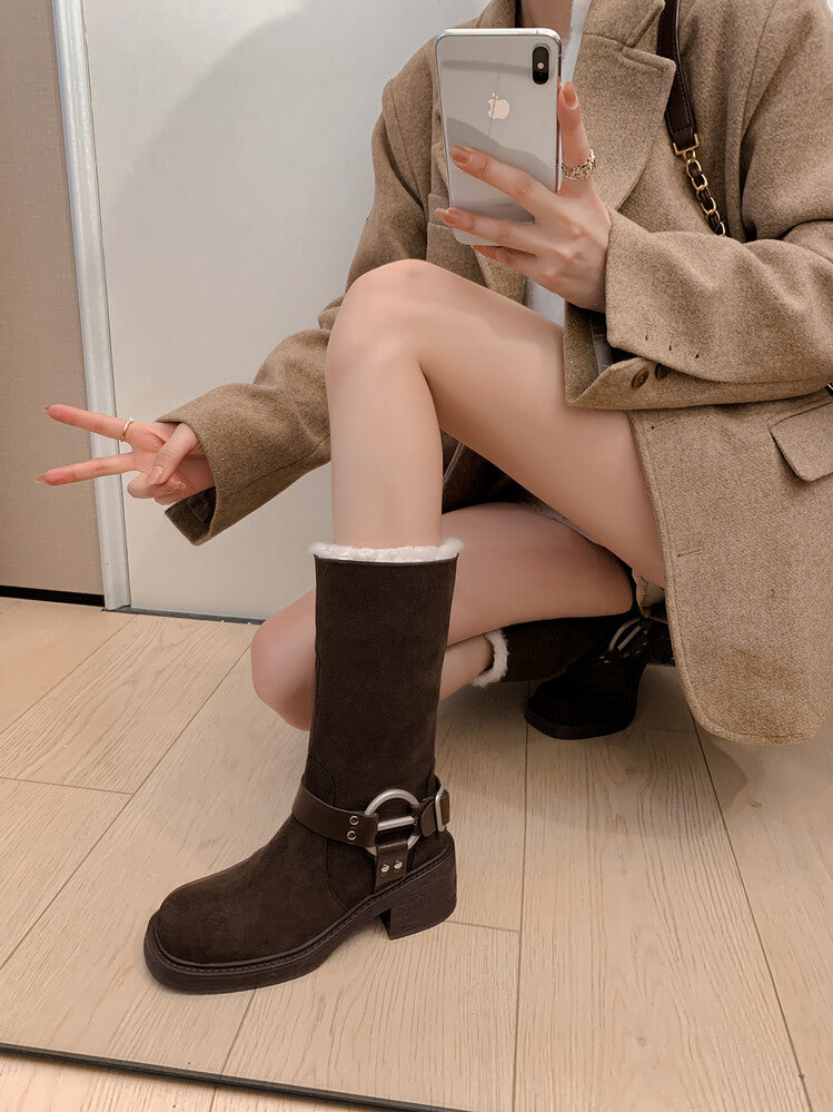 Karin Luna Genuine Lamb Wool and Cowhide Leather Hot-selling Metal Buckle Round Toe Chunky Heel Main Push Main Push