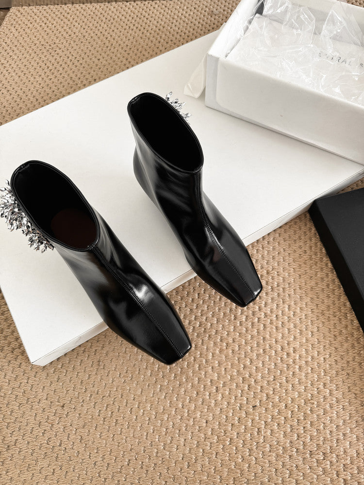 Karin Luna Elegant Style Square Toe Flower Design Height Increasing Short Boots with Two Front and Back Options