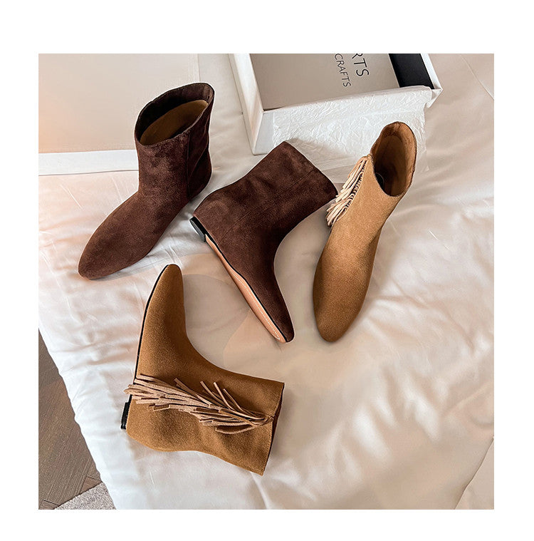 Karin Luna In Stock Spot Goods Tassel Square Toe Hidden Wedge Short Boots