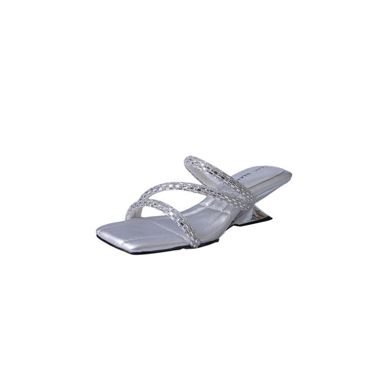 Karin Luna In Stock Spot Goods  Rhinestone One-Strap Irregular Heel Square-Toe Slippers