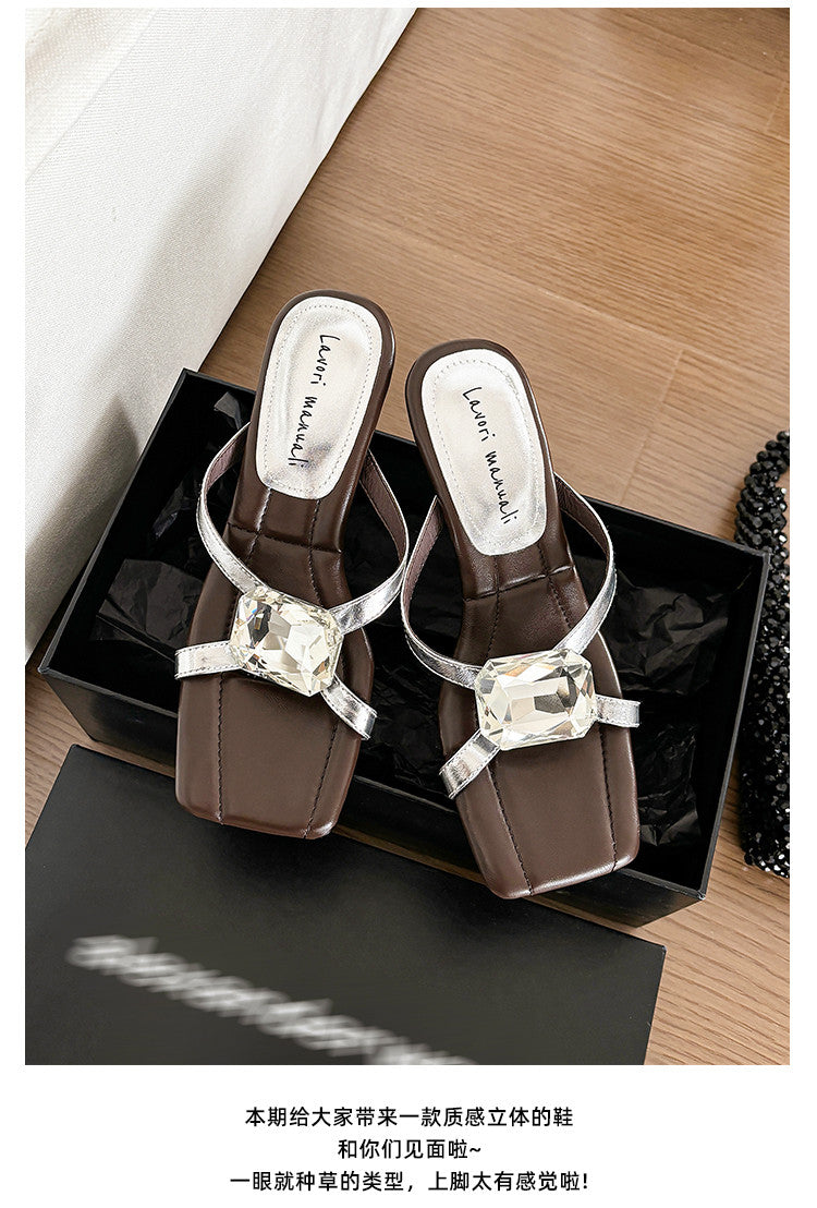 Karin Luna In Stock Spot Goods Rhinestone Square Toe Irregular Heel Slippers