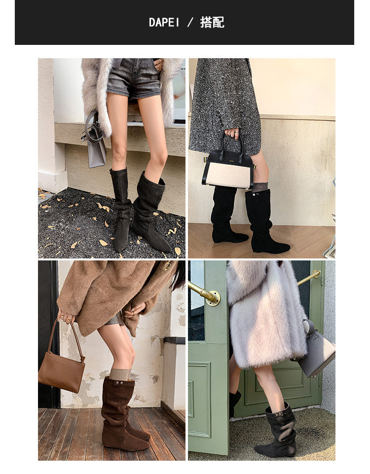 Karin Luna In Stock Spot Goods  Bestselling Suede Leather Sold Out Fast: Pile of Matte Inner Height-Increasing Western Boots