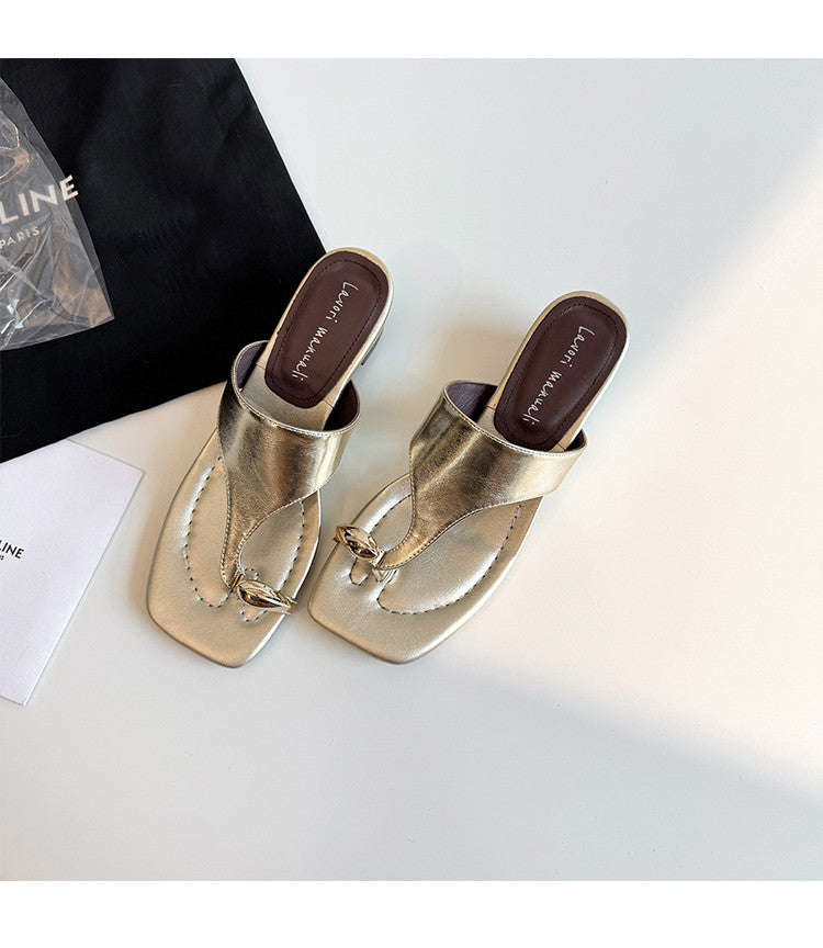Karin Luna In Stock Spot Goods Clip-toe Square Toe Metal Buckle Minimalist Slippers