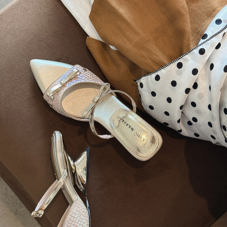 Karin Luna Fish Skin Series~Pointed Toe Irregular Heel Bowknot Strap Slippers
