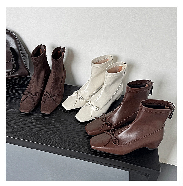 Karin Luna French Style Square Toe Bowknot Hidden Wedge Slim Boots
