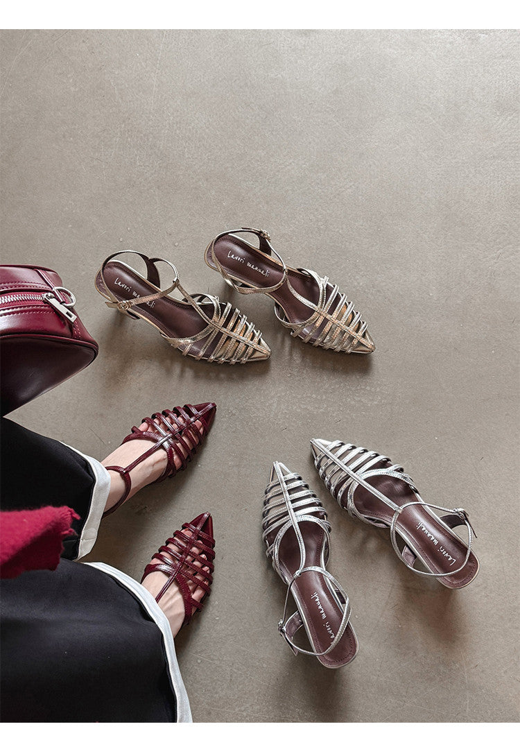 Karin Luna French Hollow Toe Metal Heel Elegant Sandals