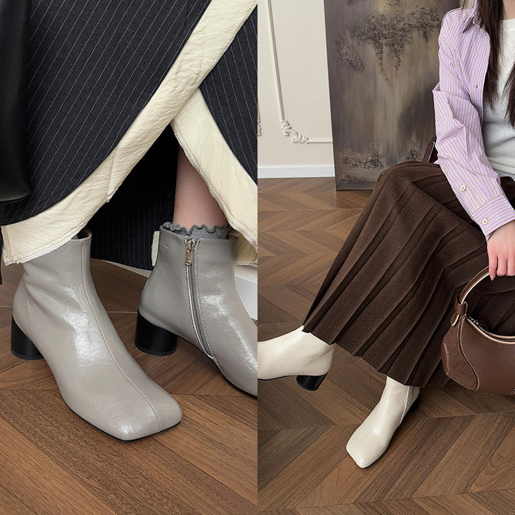 Karin Luna French Style Square Toe Chunky Heel Ankle Boots