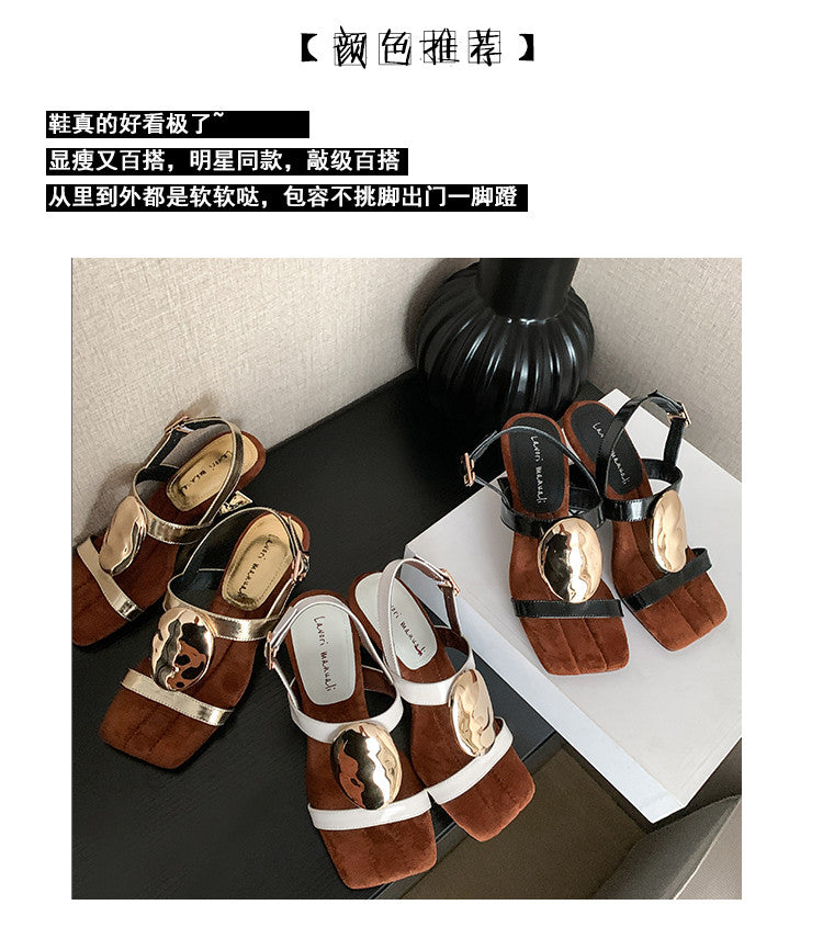 Karin Luna In Stock In Stock  Square Toe Suede Metal Heel Elegant Sandals