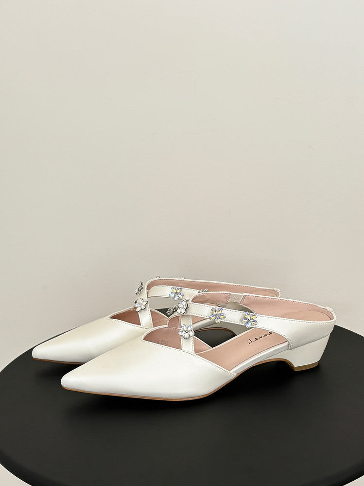 Karin Luna Elegant Pointed Toe Rhinestone Flower High Heel Mules