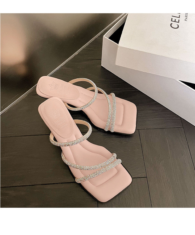 Karin Luna In Stock Spot Goods  Minimalist Versatile Square Toe Rhinestone Strap Open-Toe Sandals