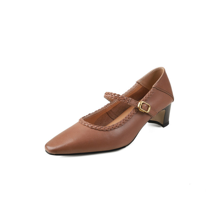 Karin Luna Braided Element Design Chunky Heel Square Toe Single Strap Shoes