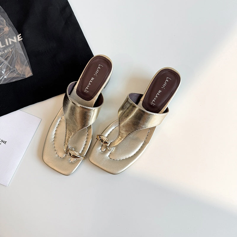 Karin Luna In Stock Spot Goods Clip-toe Square Toe Metal Buckle Minimalist Slippers