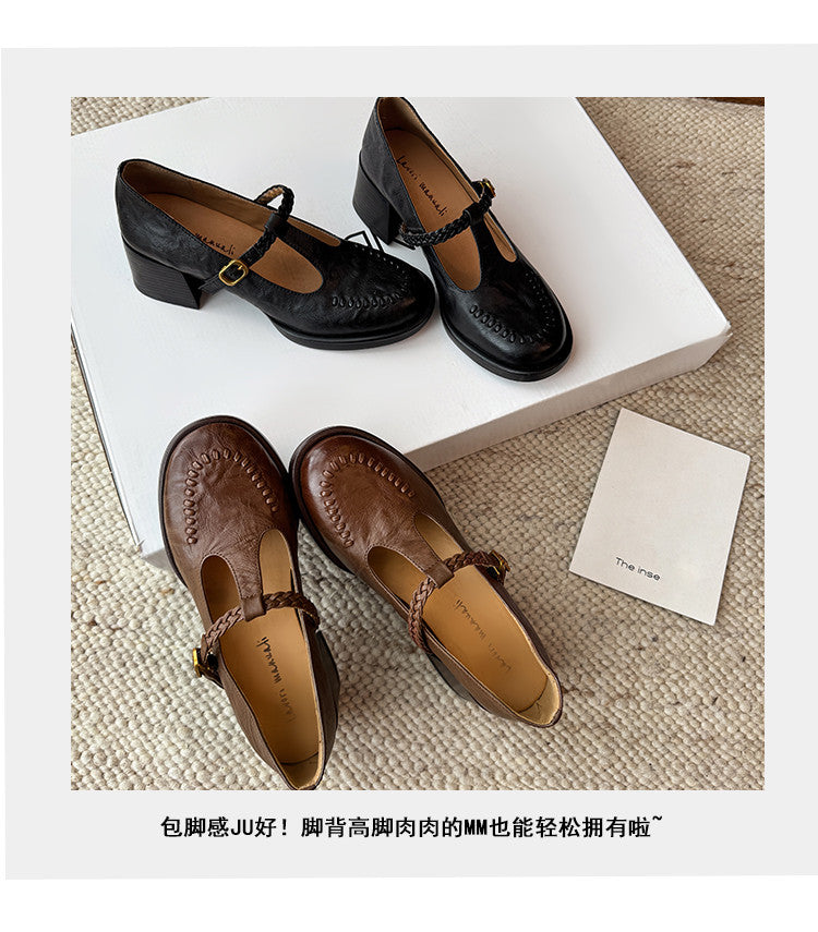 Karin Luna In Stock Spot Goods Vintage Braided Twist High Heels T Round Toe Thick Sole Single Shoes