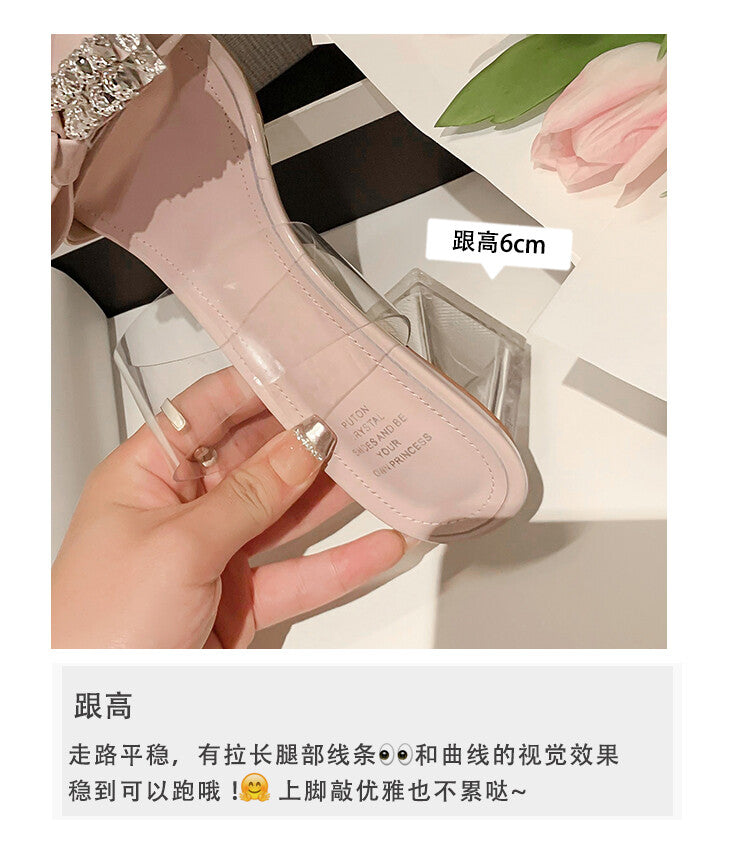 Karin Luna In Stock Summer New It's clearly a model with high traffic Rhinestone Flower Bow Crystal Heel Slippers