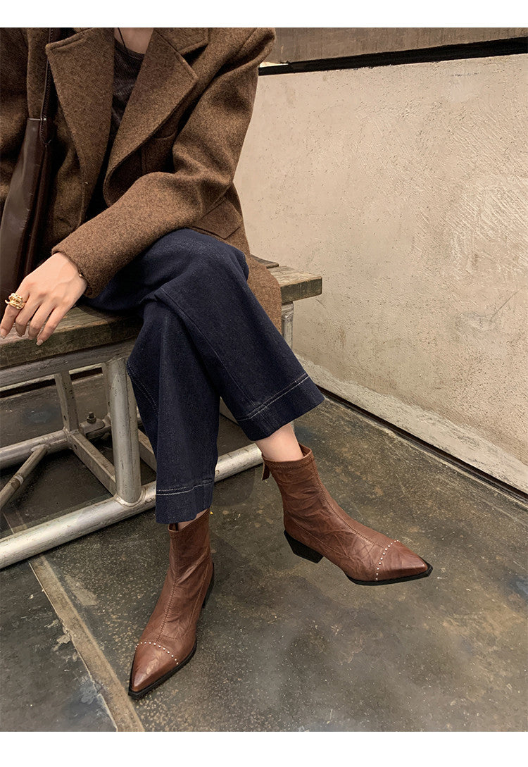 Karin Luna In Stock In Stock Slim Boots Series~Pointed Toe Rivet Slim Short Boots