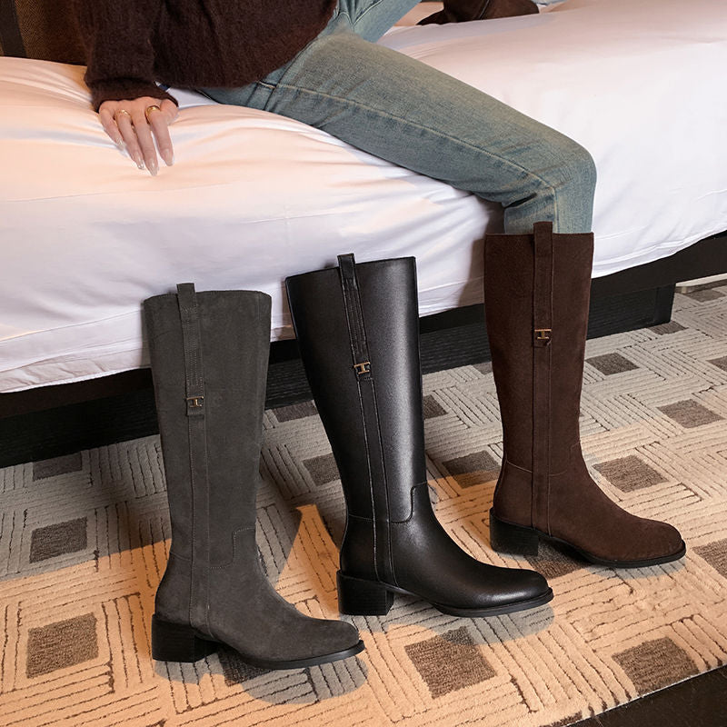 Karin Luna In Stock Spot Goods Basic Retro Square Toe Chunky Heel Riding Boots