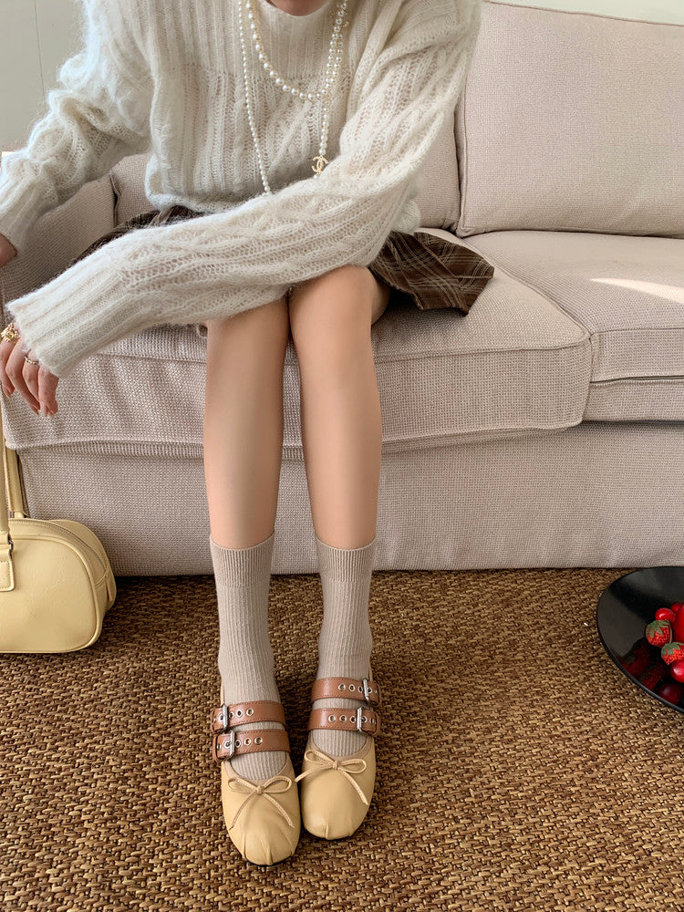 Karin Luna In Stock Spot Goods Minimalist Retro Round Toe Mary Jane Bowknot Height-Increasing Flats