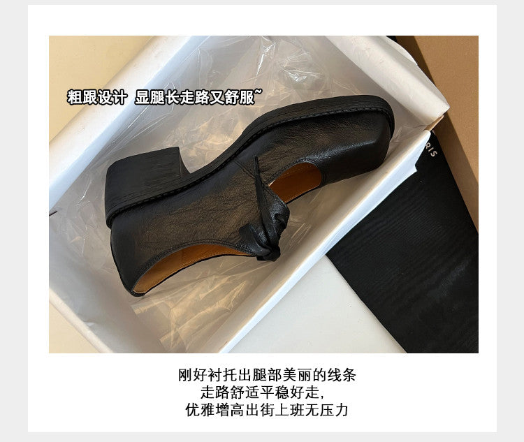 Karin Luna In Stock Spot Goods   Full leather inside and out Vegetable Tanned Hand-Grabbed Sheepskin Square-Toed Chunky Heel Single Shoes