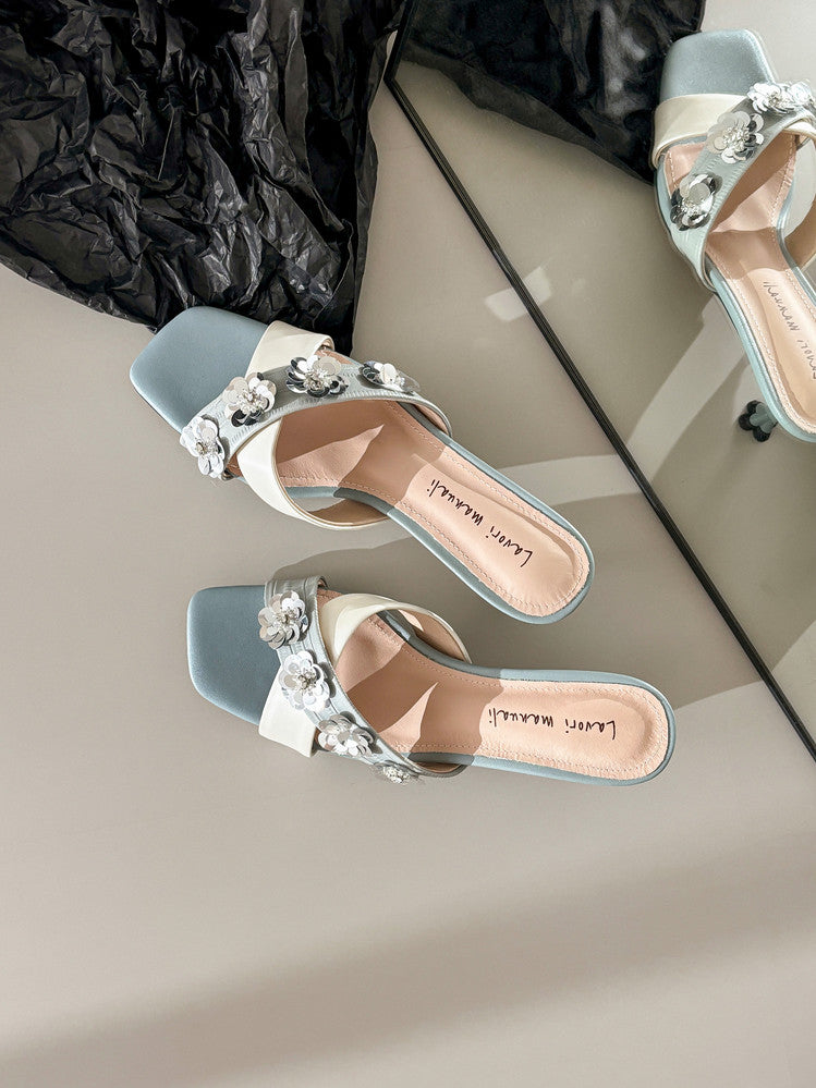 Karin Luna In Stock Spot Goods  Sequin Floral Cross Strap Square Toe Stiletto Slippers
