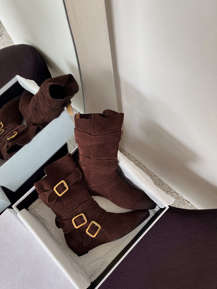 Karin Luna Height-Increasing Suede Leather Small Square Toe Belt Buckle Fashion Boots