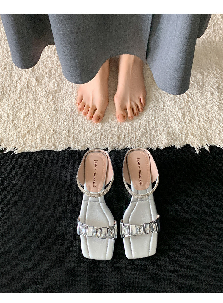 Karin Luna Bestseller Popular Rhinestone Ribbon Square Toe Slippers